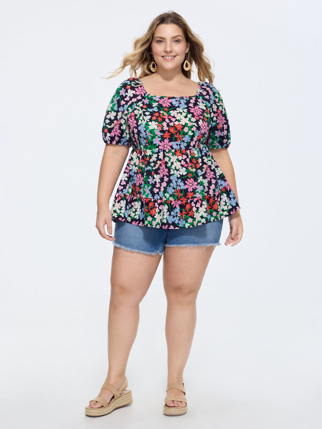 Floral Square Neck Fit and Flare Blouse
