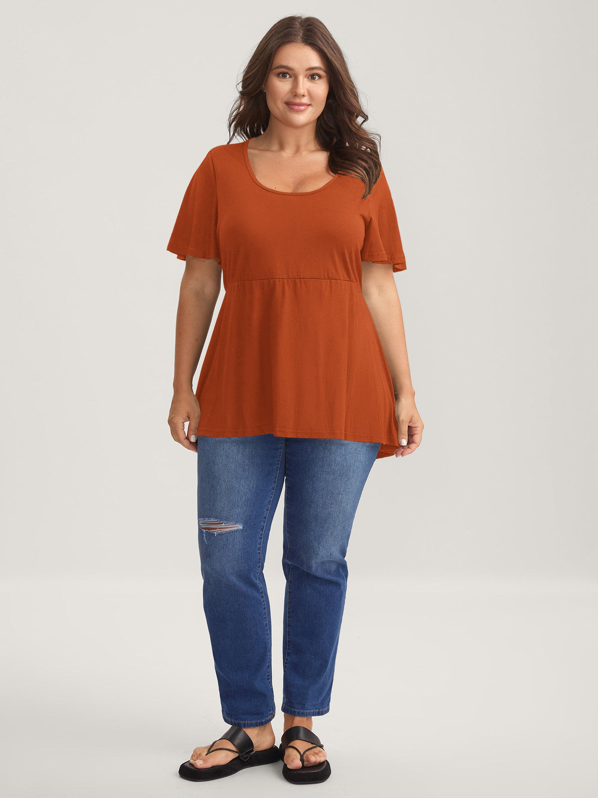 Ruffled Sleeve Round Neck Babydoll Top