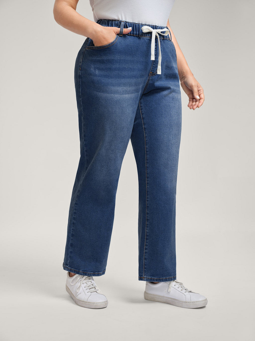 Pull-On Drawstring Straight-Leg Jeans