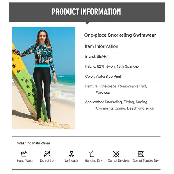 SBART Women One Piece Diving Suit With Breast Pad Long Sleeves Sunscreen Quick-dry Slim Fit Swimsuit
