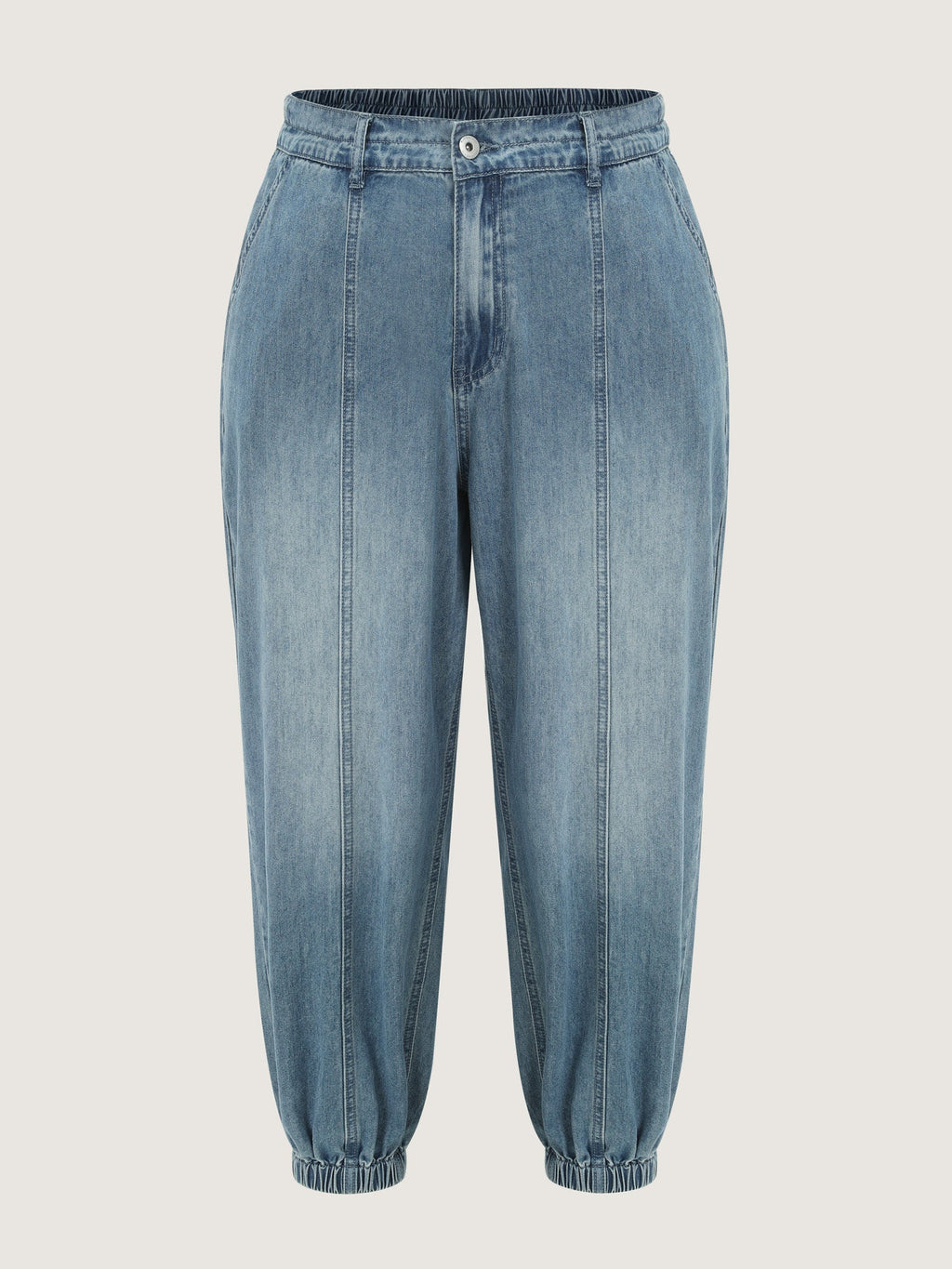 Elastic Waist Cuffed Medium Wash Jeans
