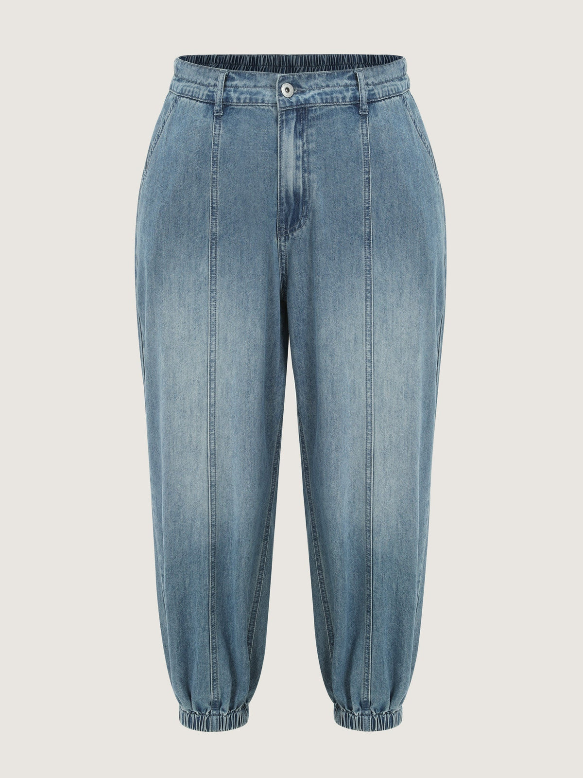 Elastic Waist Cuffed Medium Wash Jeans