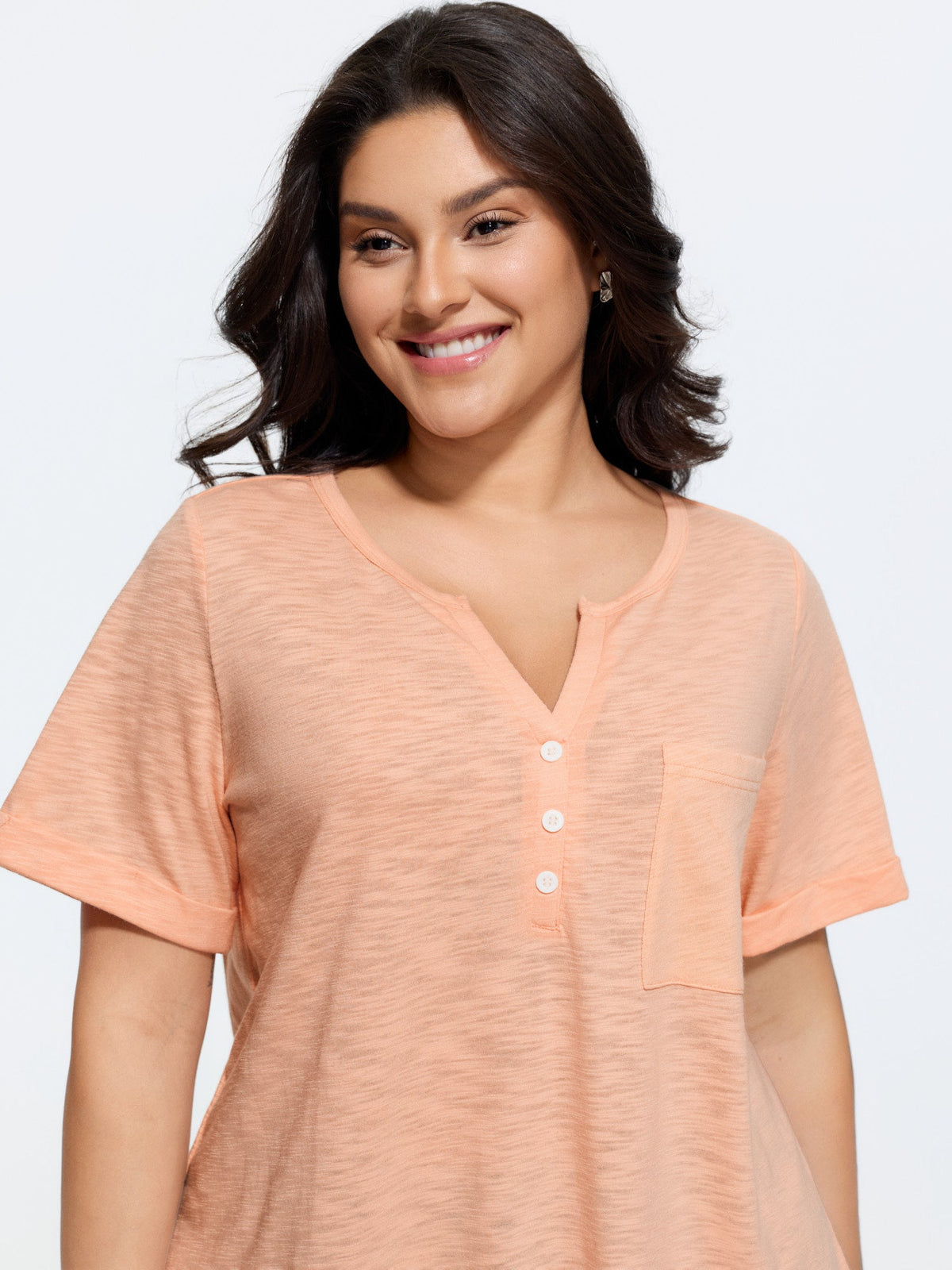 Solid Split Neck Button Detail T-Shirt