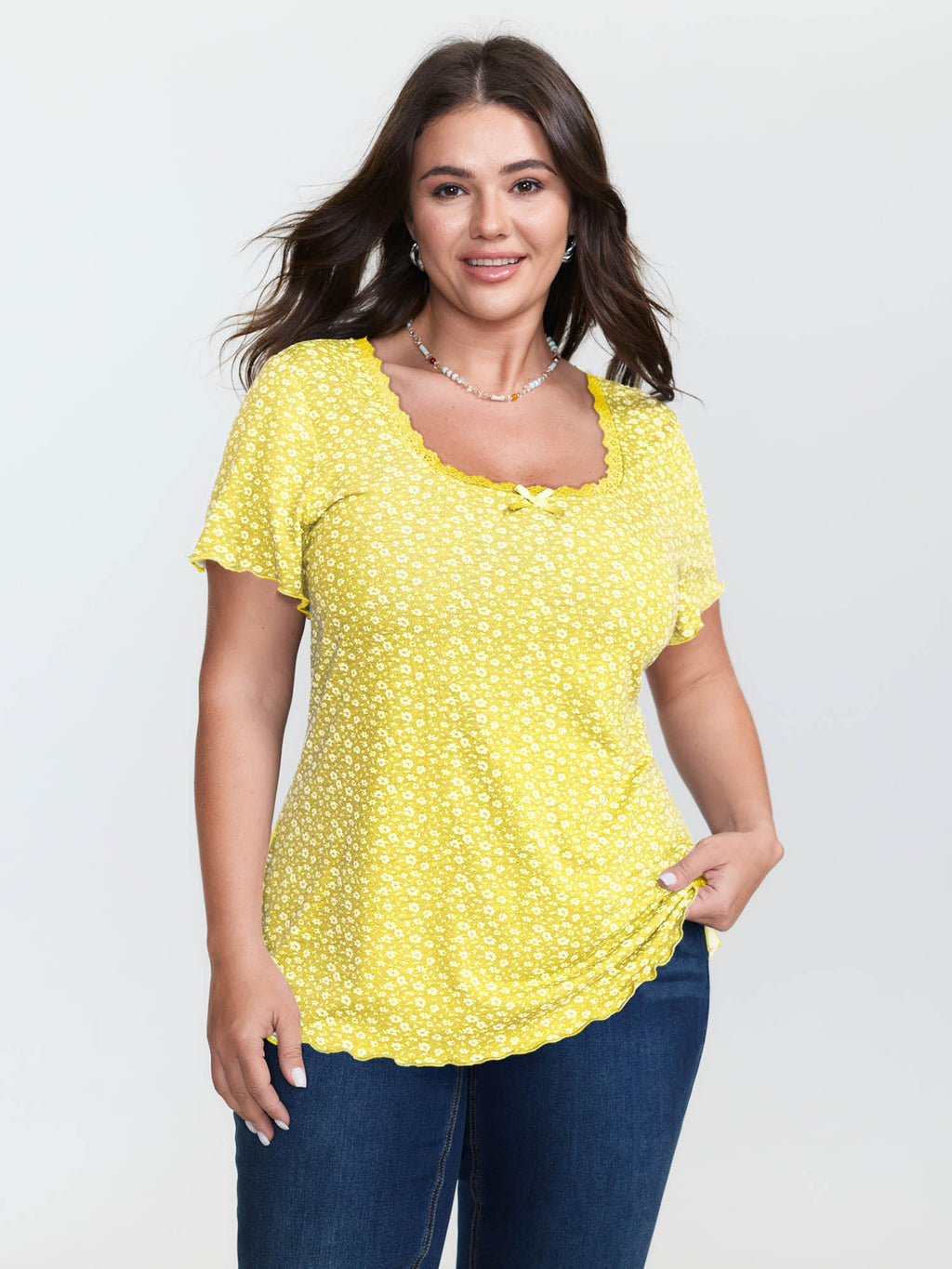 Floral Print Lace Neckline T-Shirt