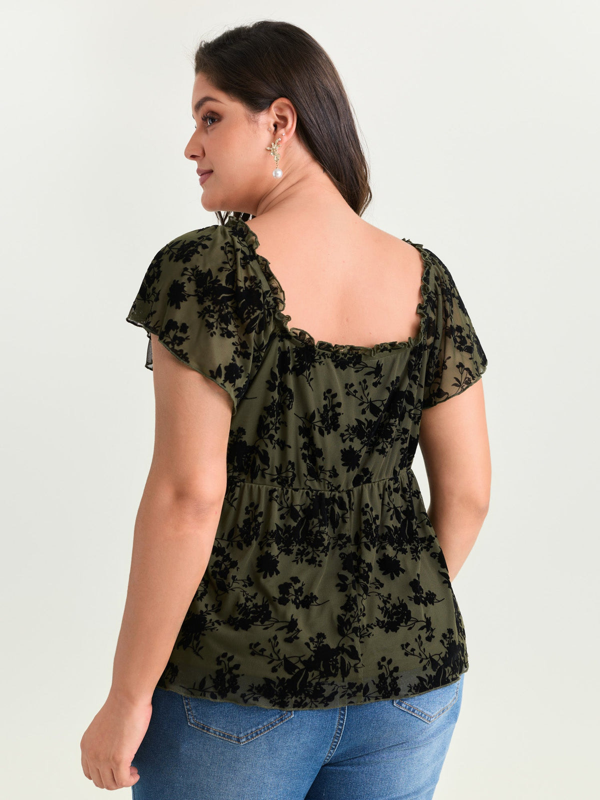 Flocked Floral Drawstring Neckline Knit Top