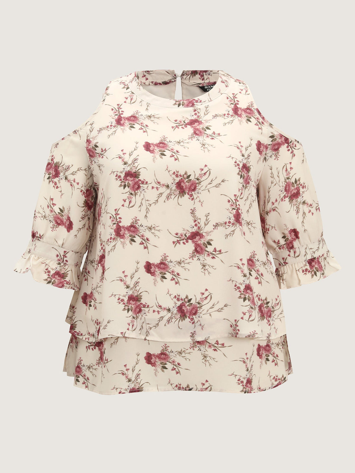 Blooming Floral Layered Hem Cut-Out Shoulder Blouse