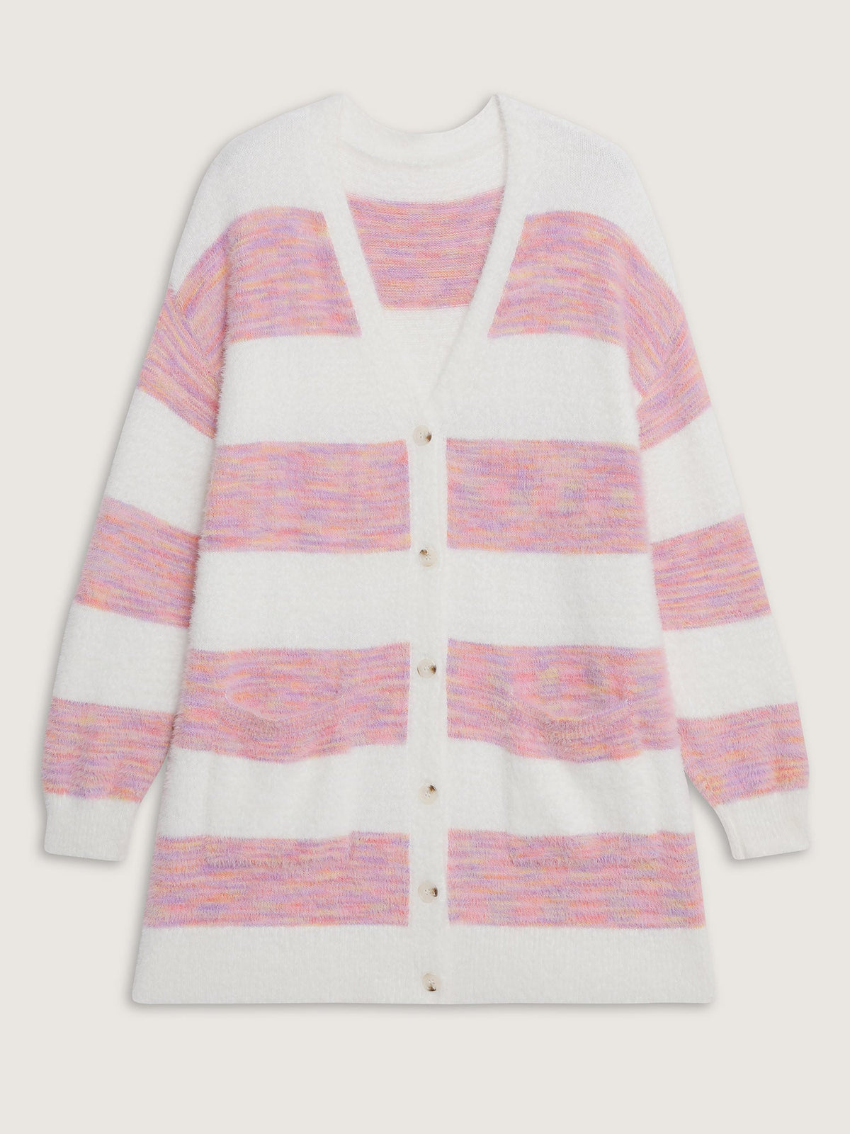 Color Stripes Furry Textured Knit Cardigan