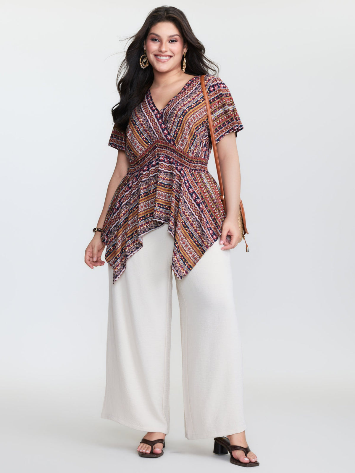 Boho Striped Print Handkerchief Hem Blouse