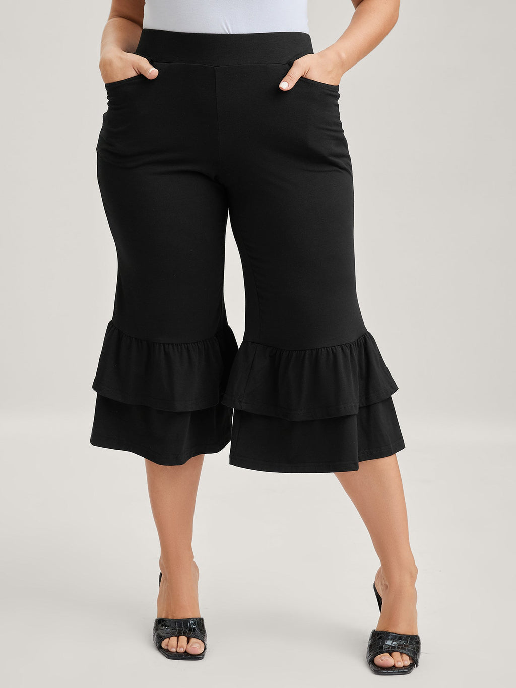 Layered Ruffled Flare Hem Capri Pants