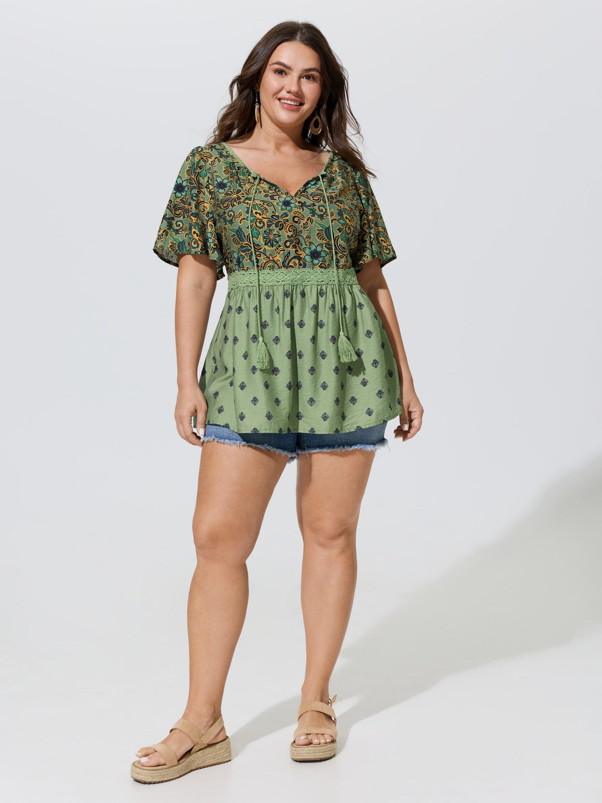 Floral Print Lace Neckline Flowy Blouse