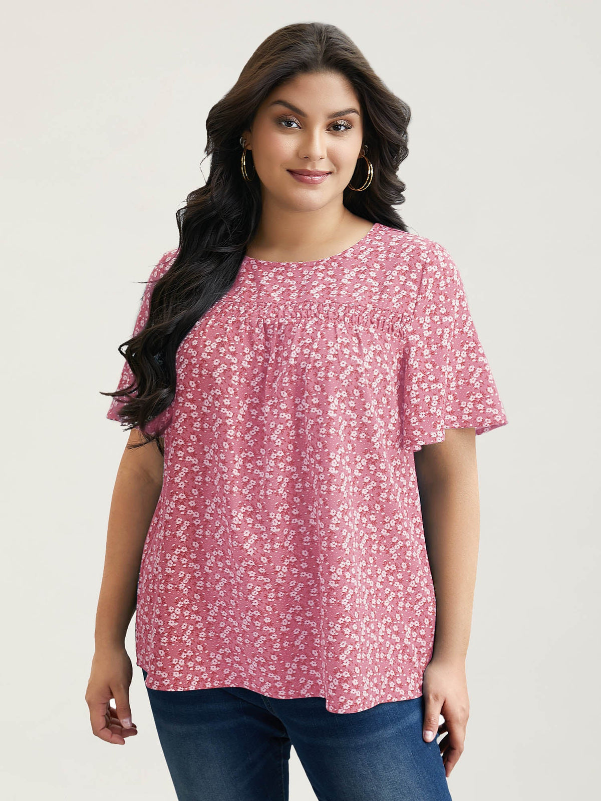 Floral Ruffle Sleeve Gathered Round Neck Blouse