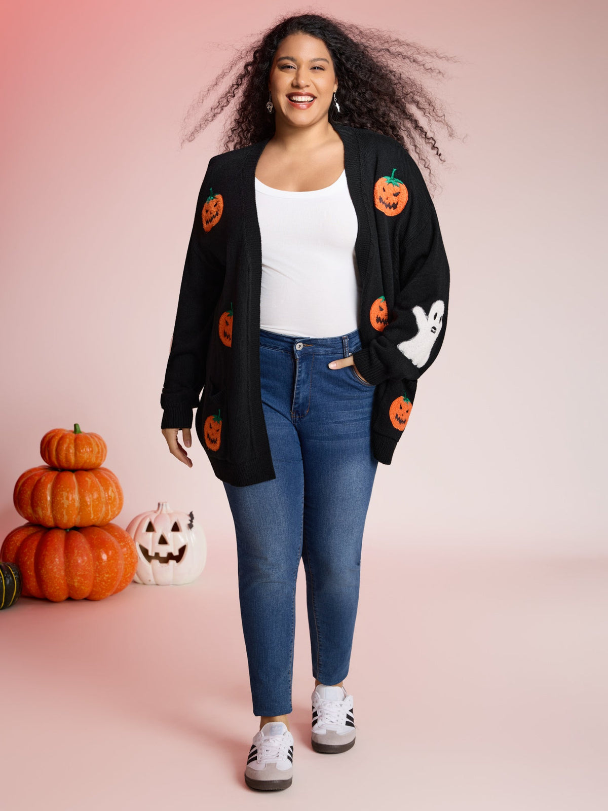 Pumpkin Ghost Embroidery Open Cardigan