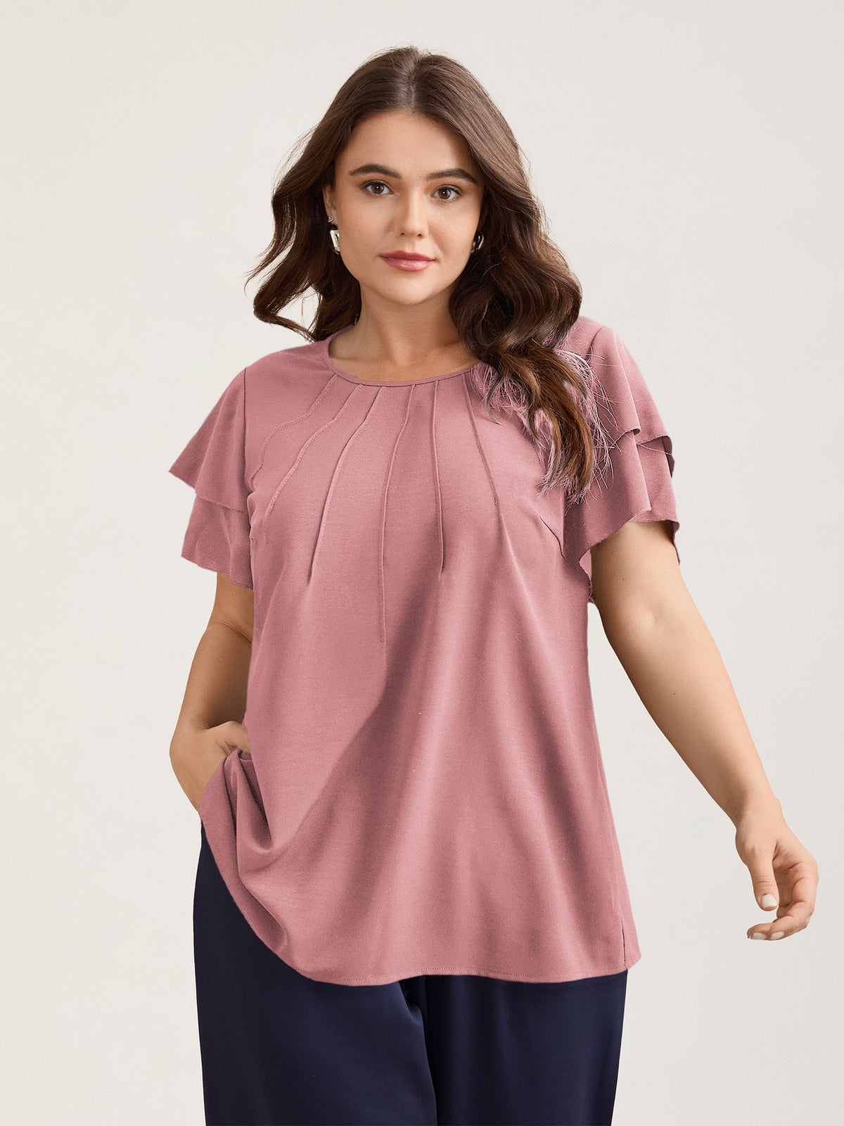 Toothpick Pleat Layered Flutter Sleeve Blouse