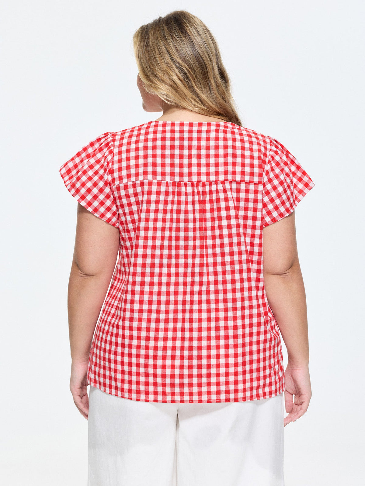 Cotton Gingham Print Ruffled Sleeve Blouse