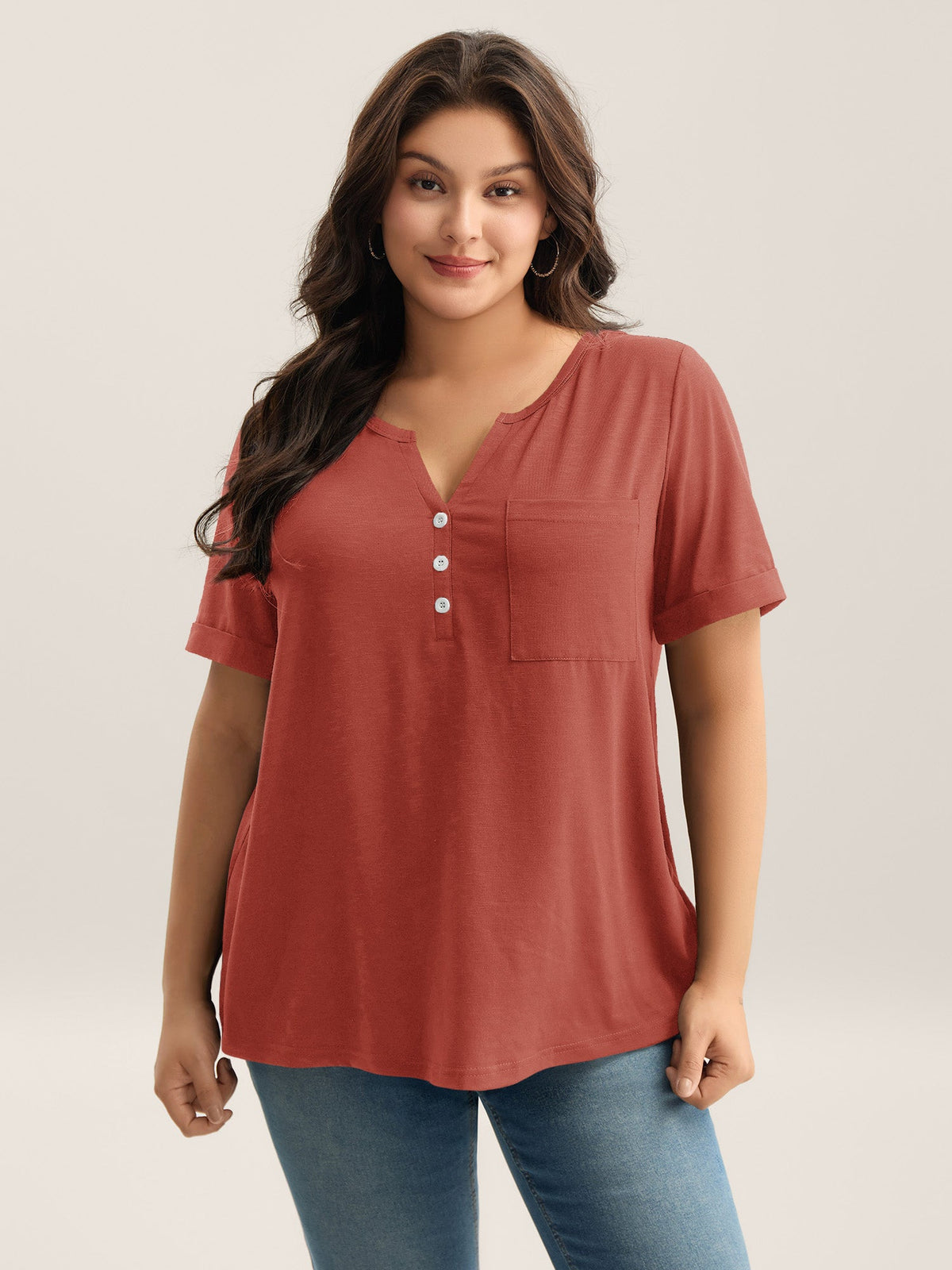 Solid Split Neck Button Detail T-Shirt