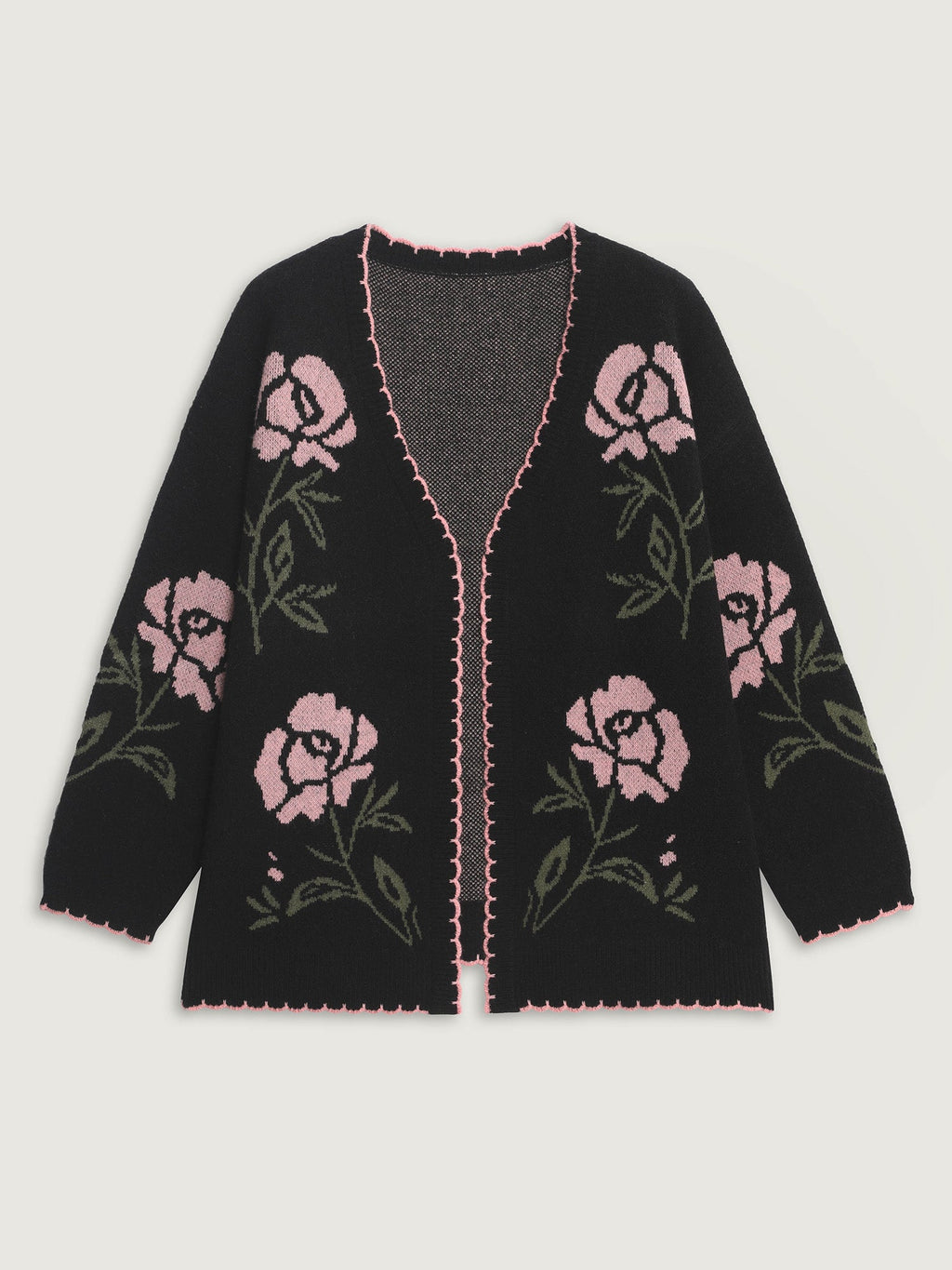 Floral Pattern Jacquard Wavy Edge Knit Cardigan