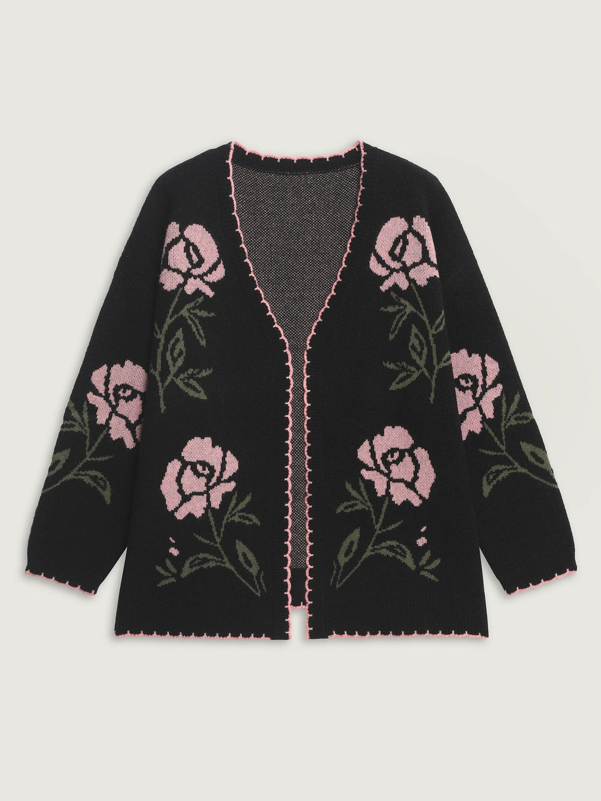 Floral Pattern Jacquard Wavy Edge Knit Cardigan