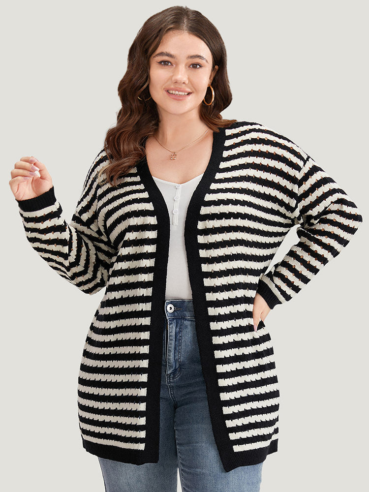 Striped Geo Eyelet Drop Shoulder Cardigan