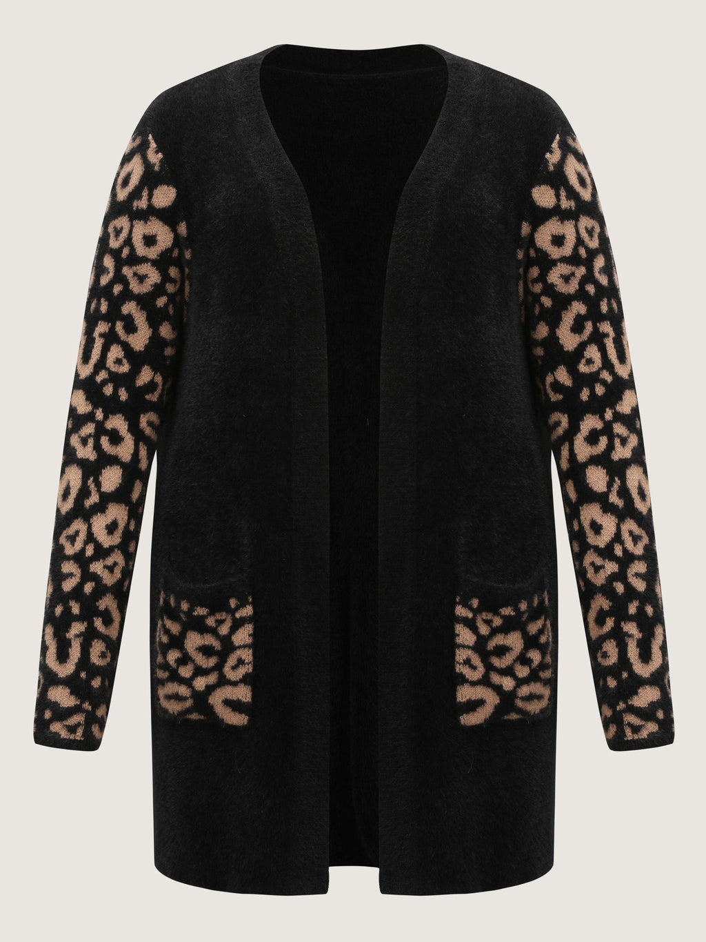 Leopard Jacquard Furry Open-Front Knit Cardigan