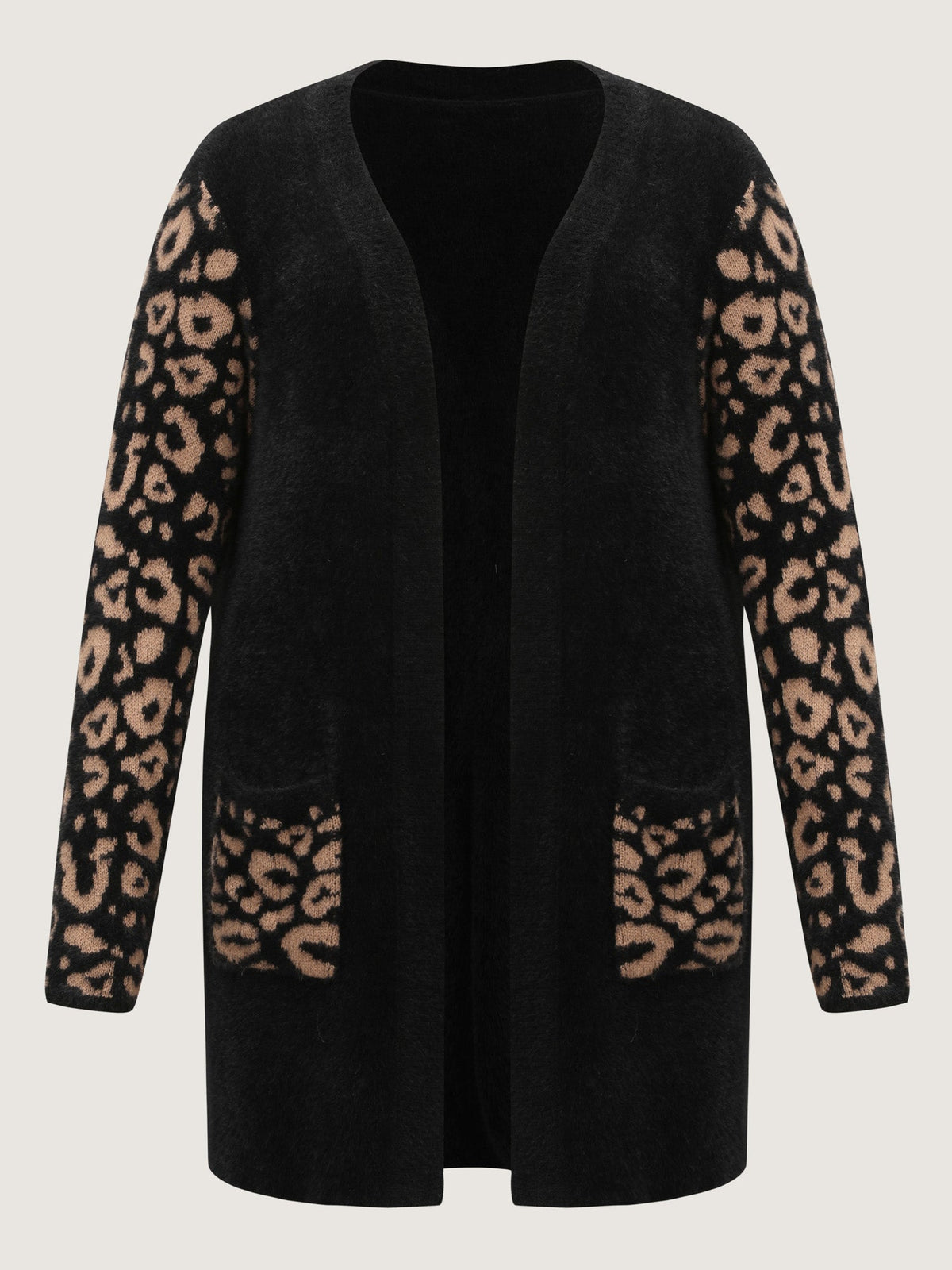 Leopard Jacquard Furry Open-Front Knit Cardigan