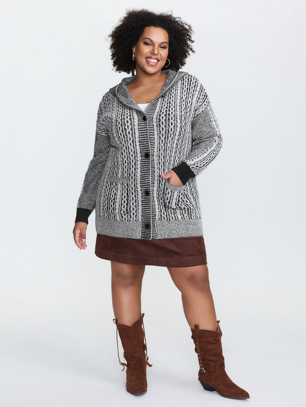 Braided Texture Button Stretchy Pockets Knit Cardigan