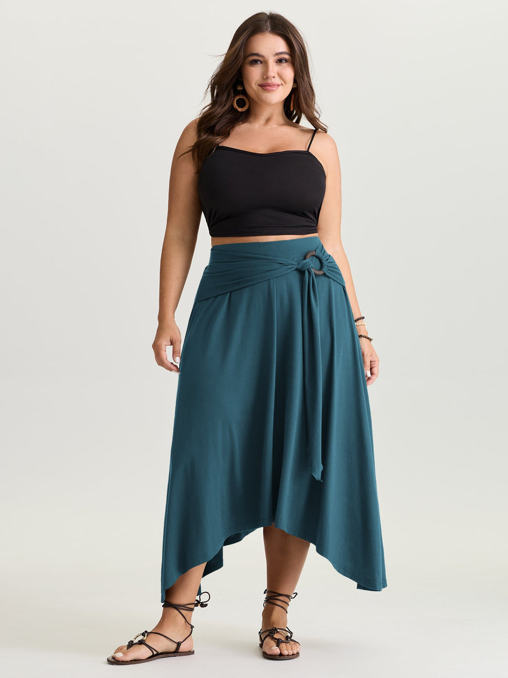 Supersoft Ring Detail Tie Asymmetrical Hem Midi Skirt