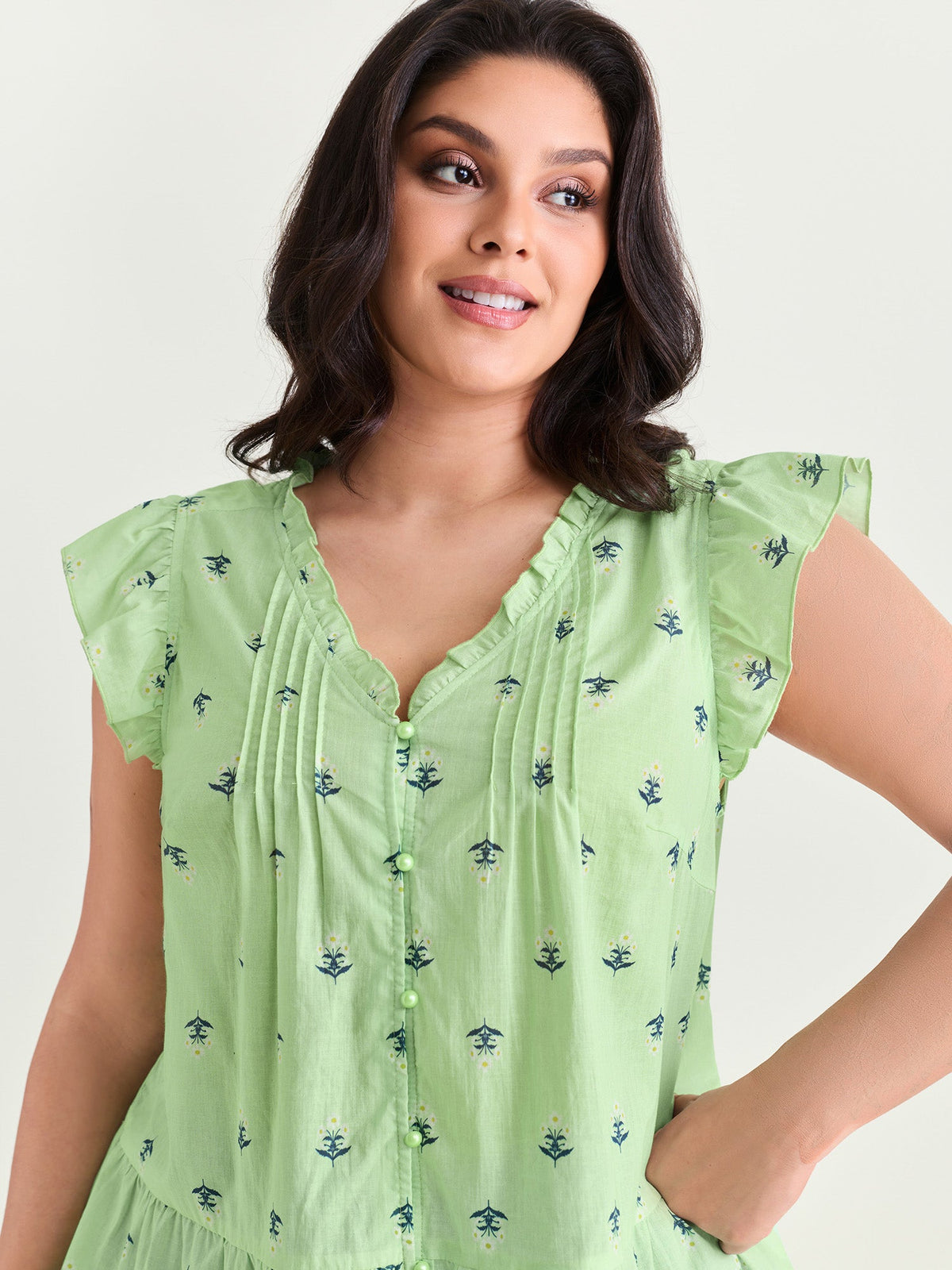 Cotton Anchor Print Lace Ruffled Sleeve Blouse