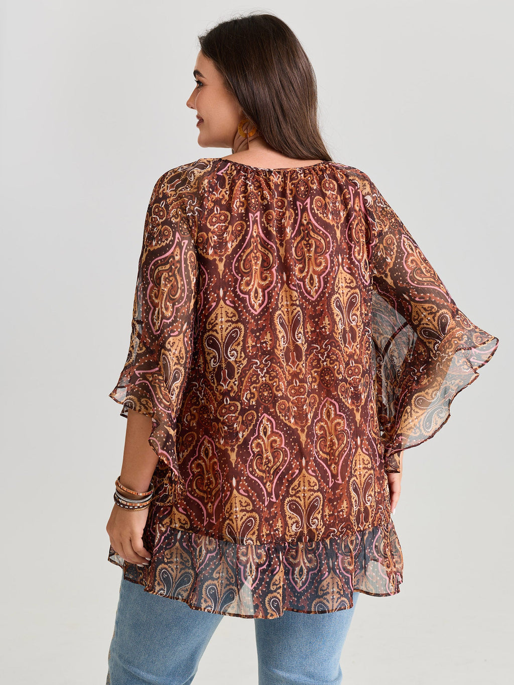 Boho Geometric Print Ruffled Sleeve Blouse