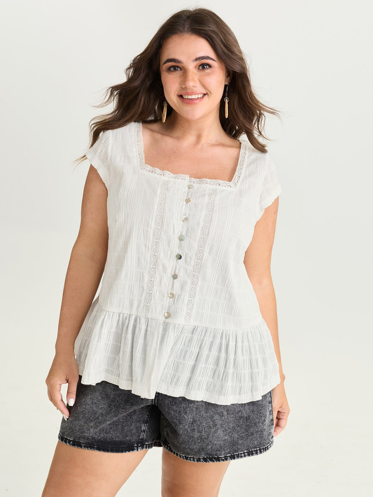 Lace Trim Sheer Ruffled Hem Blouse