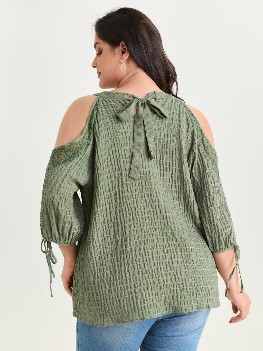 Shoulder Cut-Out Textured Back-Tie Blouse