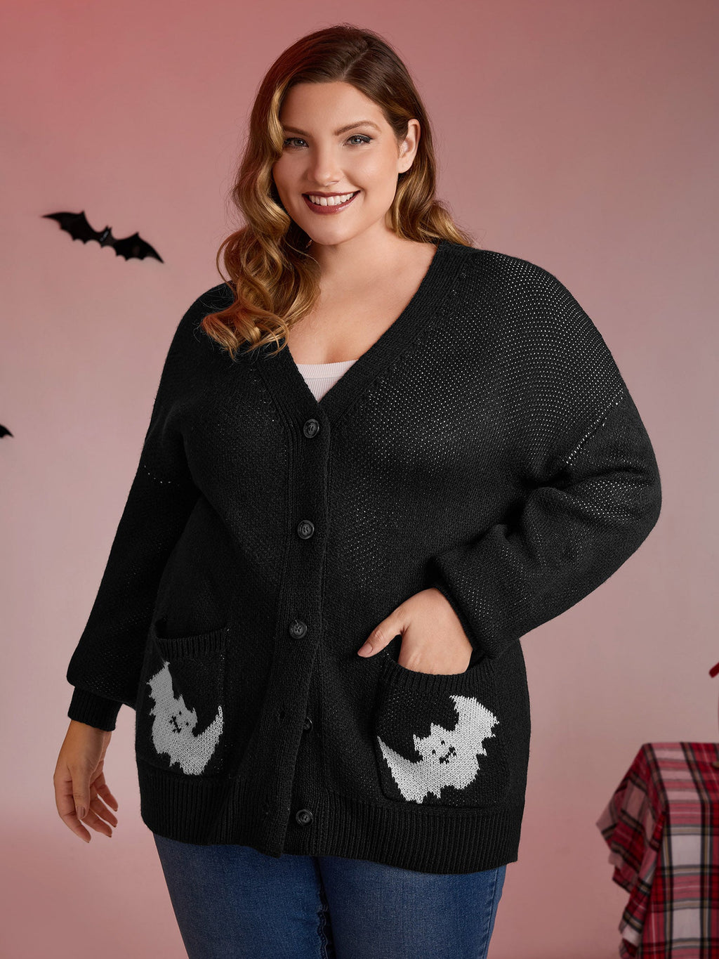 Spiderweb Bat Jacquard Pockets Knit Cardigan