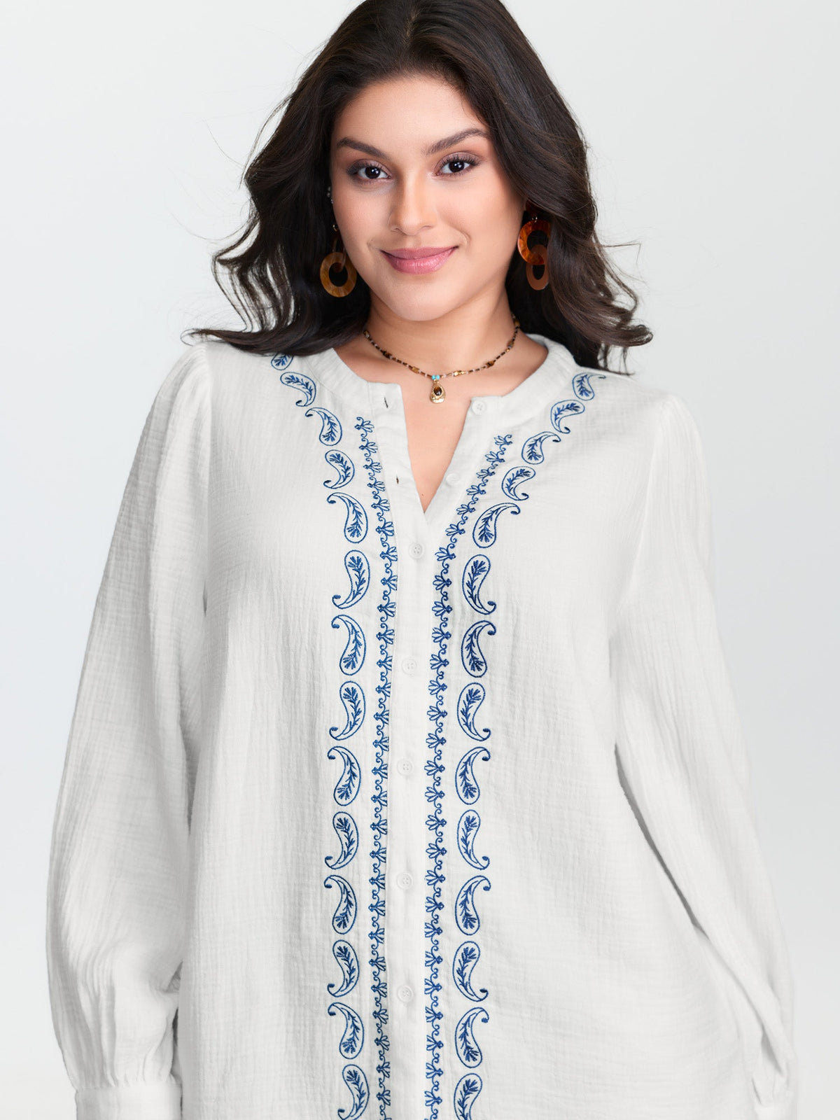 Cotton Textured Embroidered Notched Collar Blouse