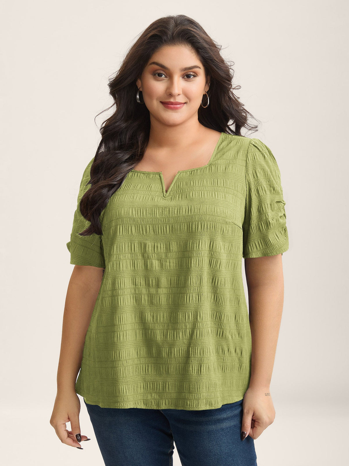 Textured Gathered Sleeve Split Neck Blouse