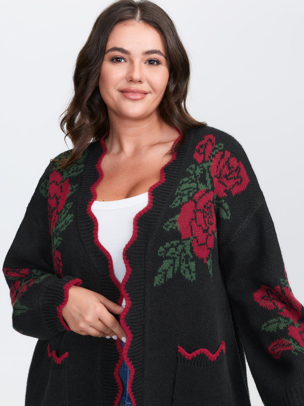 Rose Pattern Jacquard Color Contrast Knit Cardigan