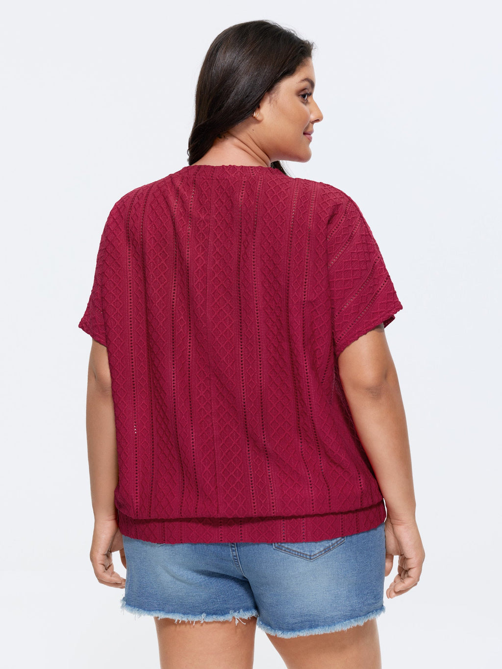 Eyelet Trim Stretchy Textured Plain Top