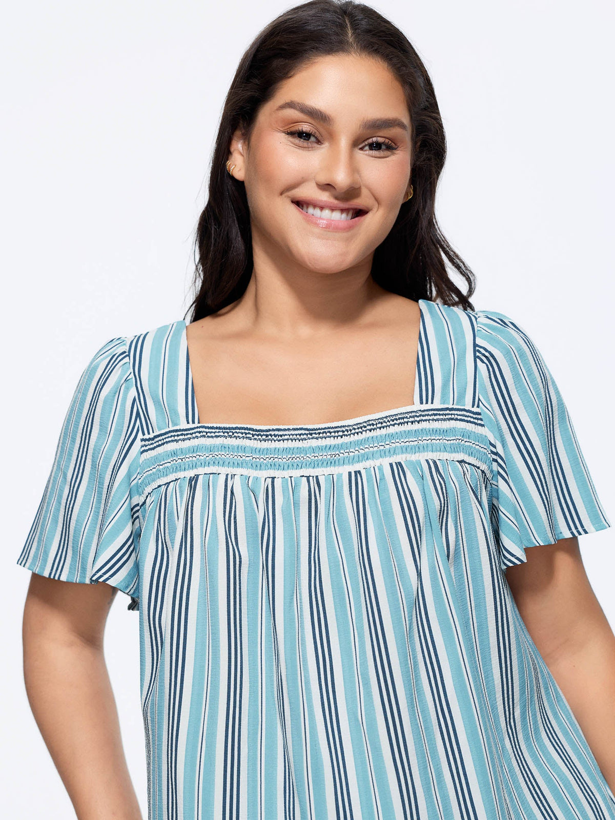 Striped Print Shirred Neckline Blouse
