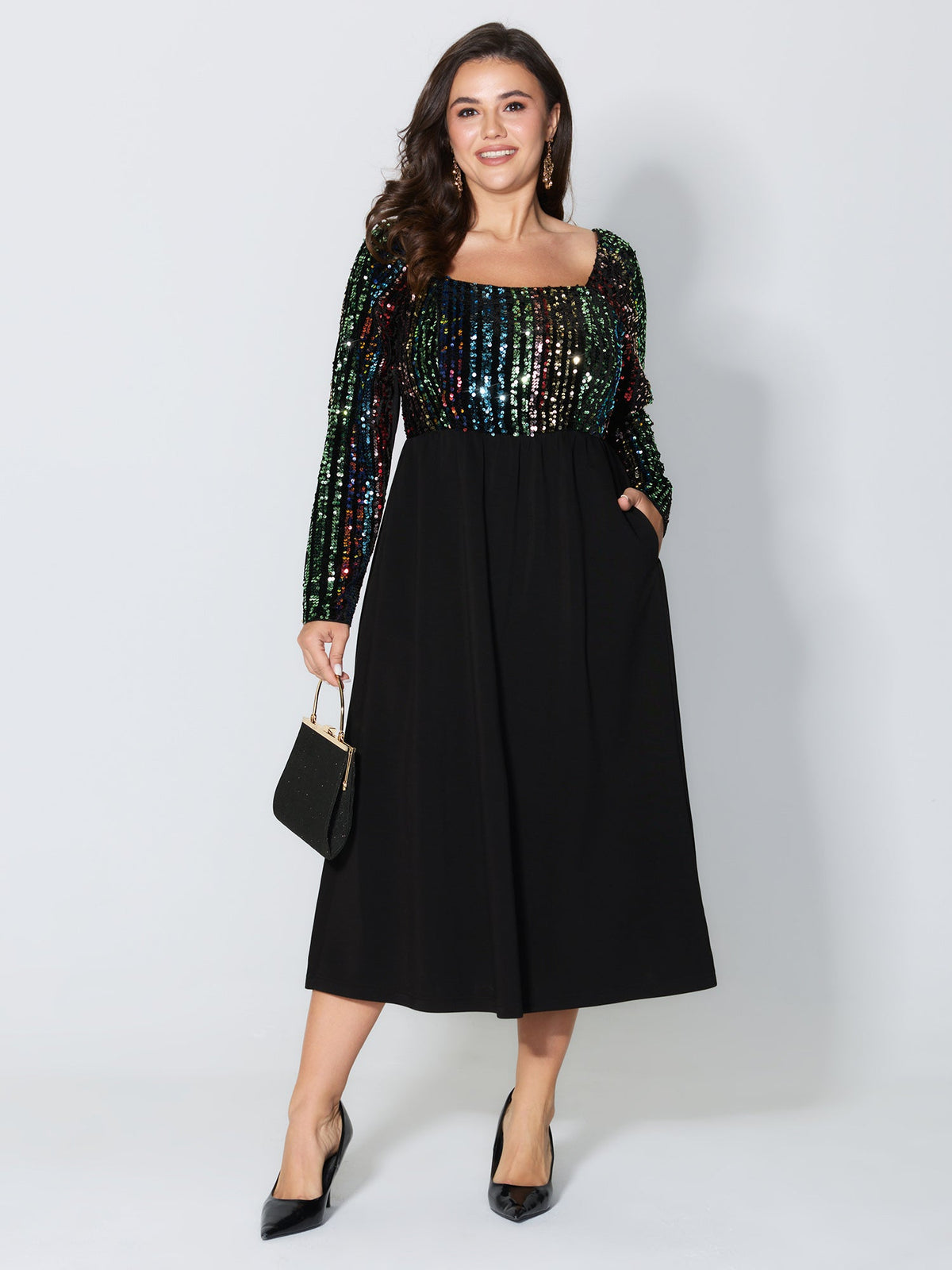 Sparkly Colorful Sequins Contrast Midi Dress