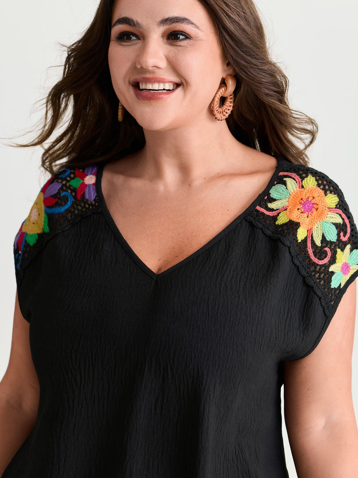 Colorful Openwork Crochet V-Neck Blouse