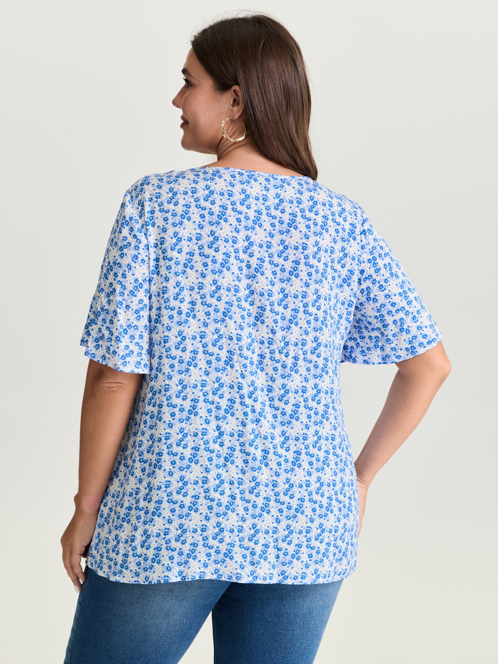 Floral Ruffle Sleeve Gathered Round Neck Blouse