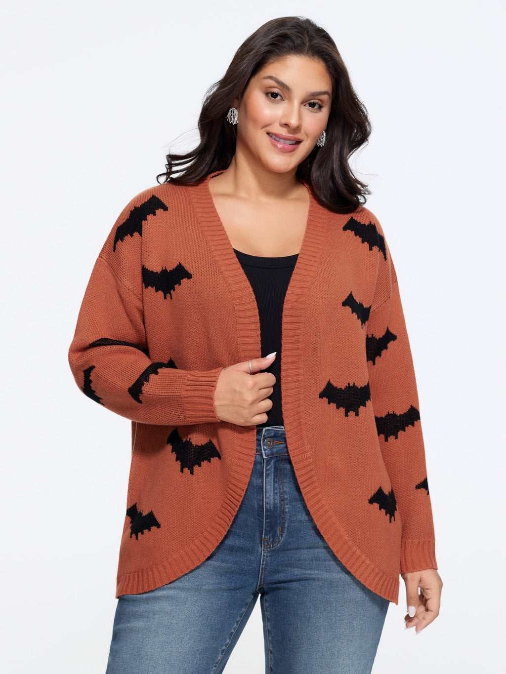Bat Jacquard Arc Hem Open Front Cardigan
