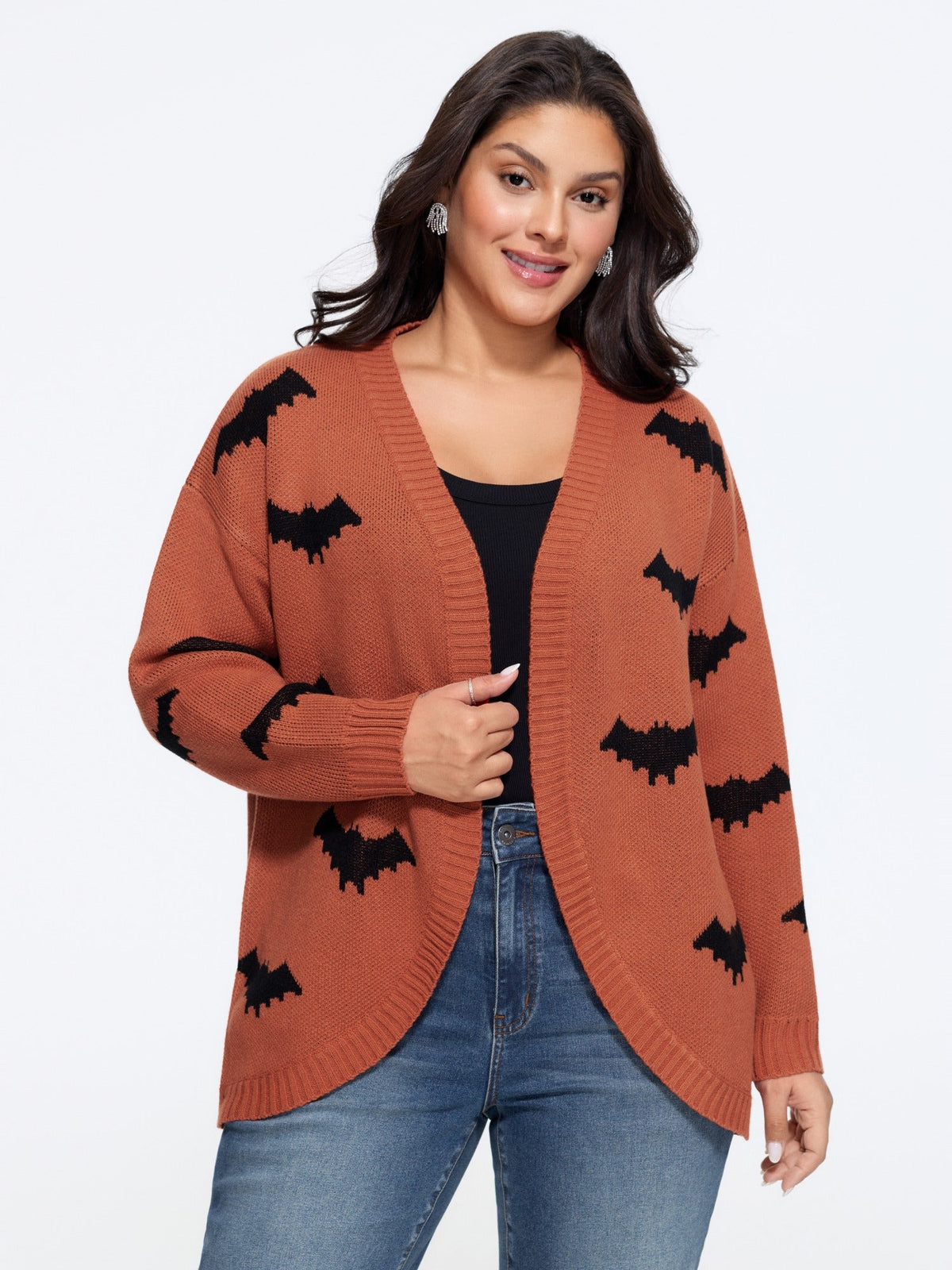 Bat Jacquard Arc Hem Open Front Cardigan