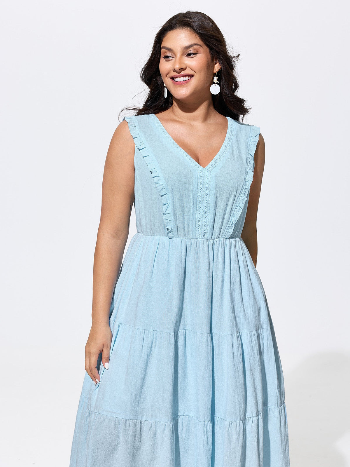 Cotton Ruffled Edge V-Neck Sleeveless Midi Dress