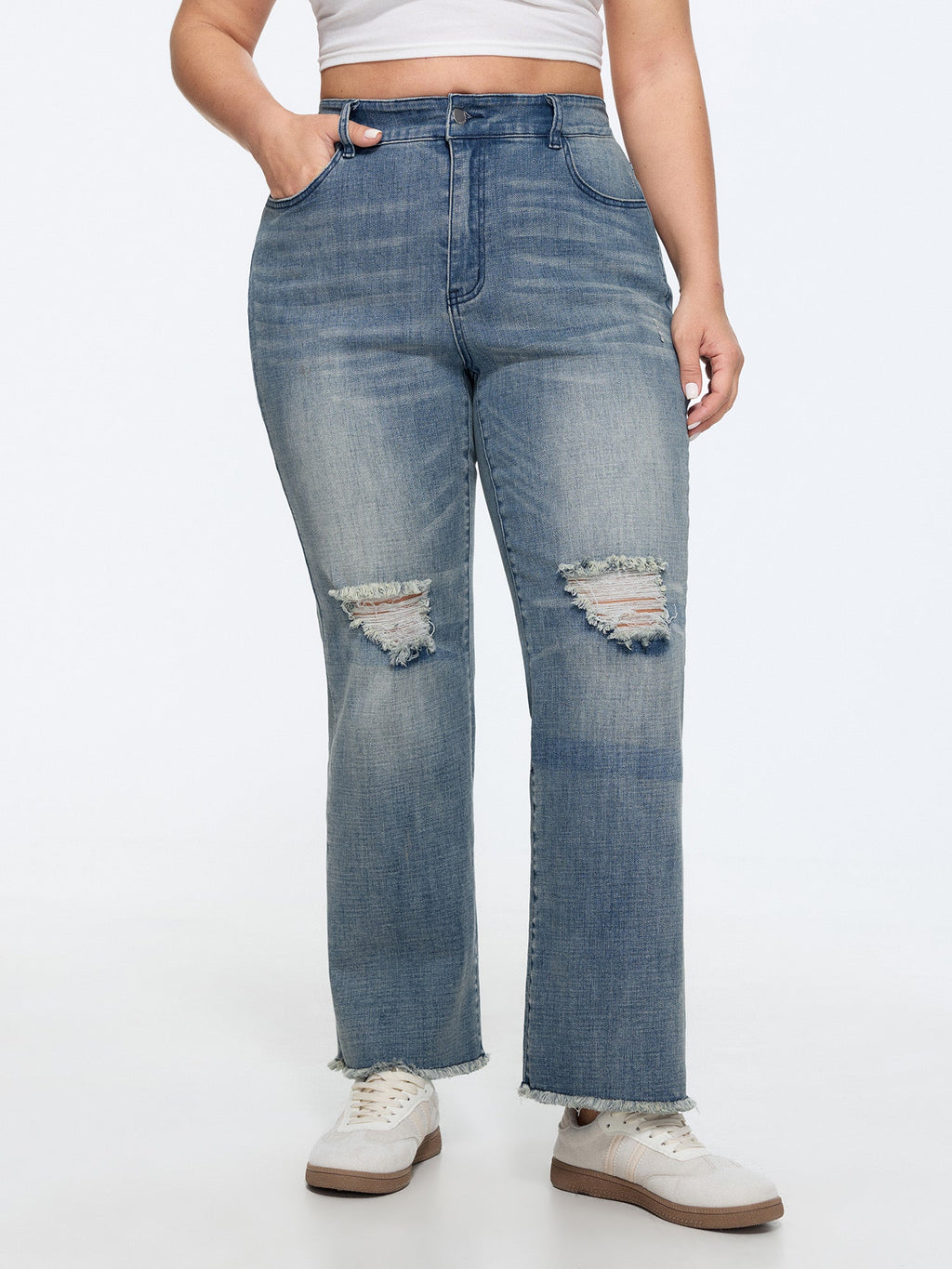 Stretchy Ripped Straight-Leg Jeans