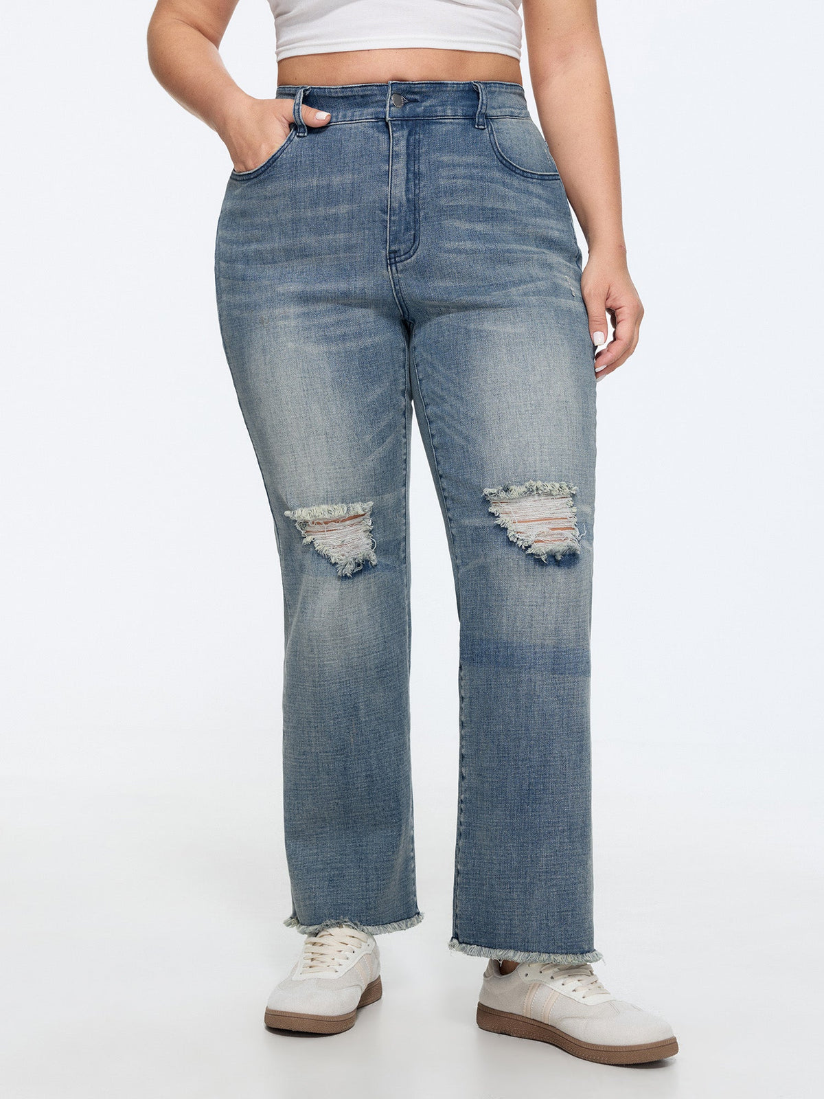 Stretchy Ripped Straight-Leg Jeans