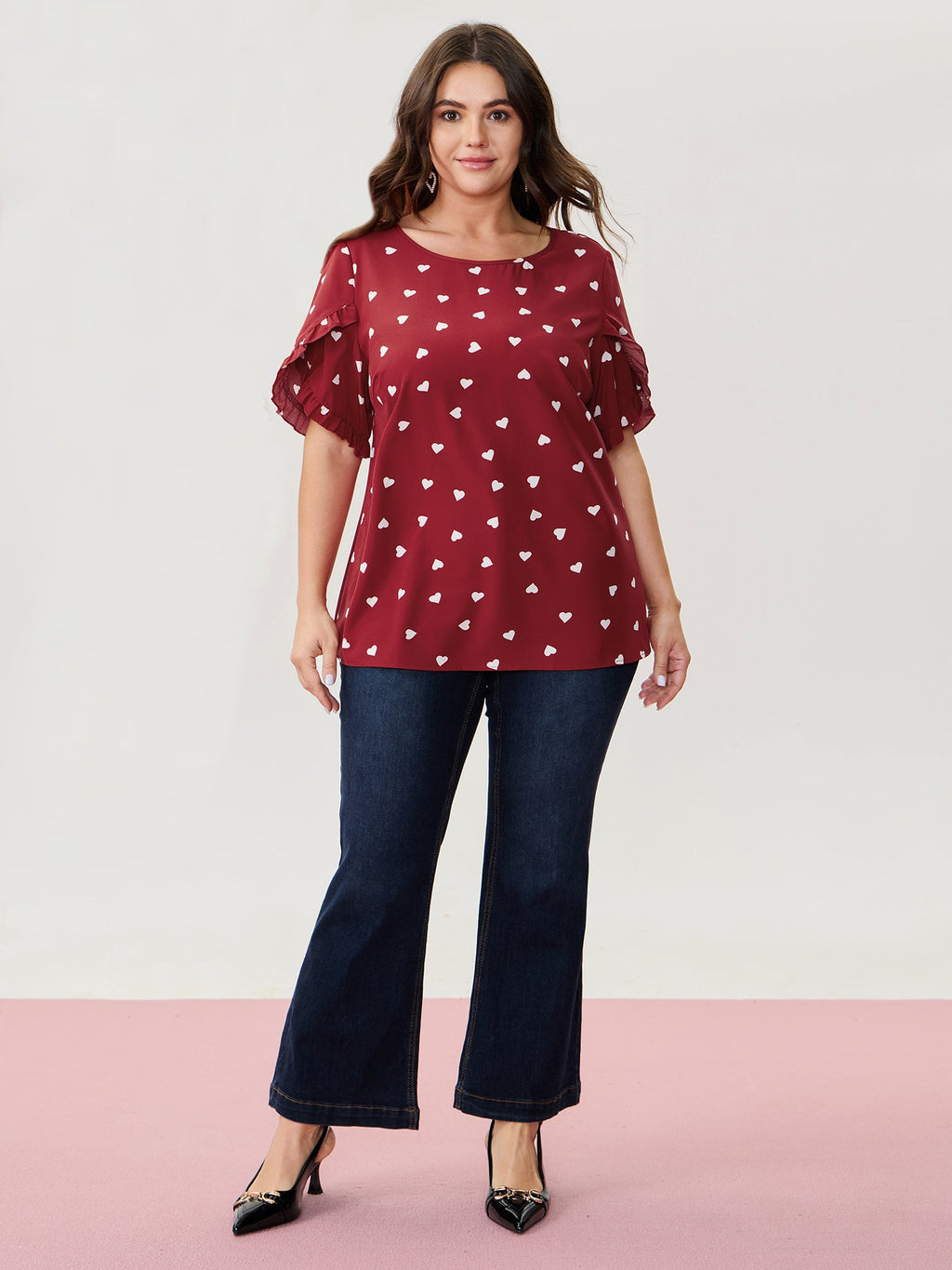 Ruffled Overlap Sleeve Heart Pattern Blouse