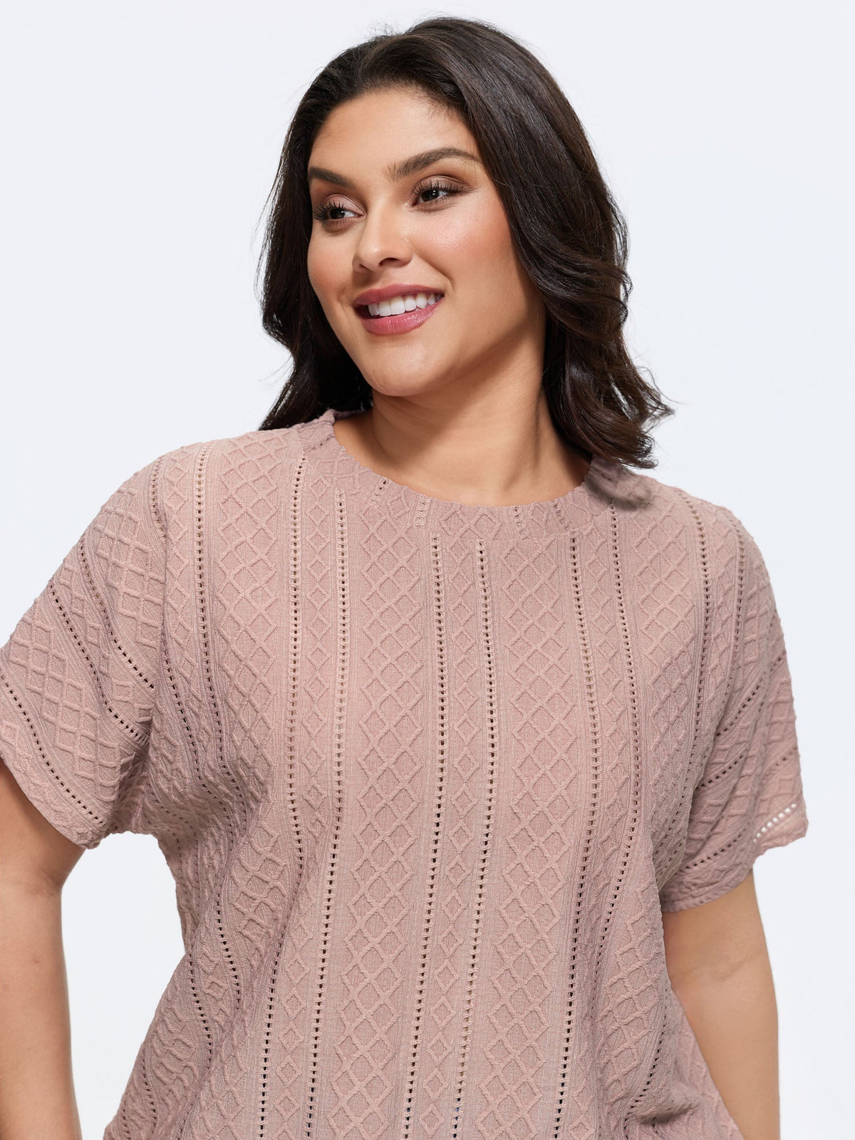 Eyelet Trim Stretchy Textured Plain Top