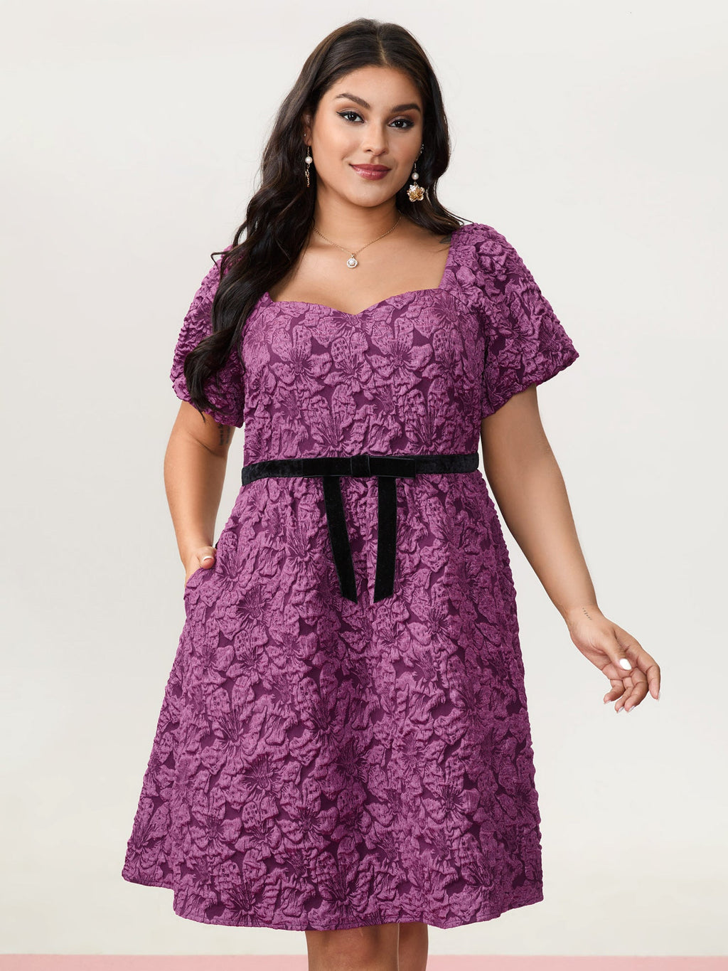 Jacquard Bow-Tie Shirred Mini Dress