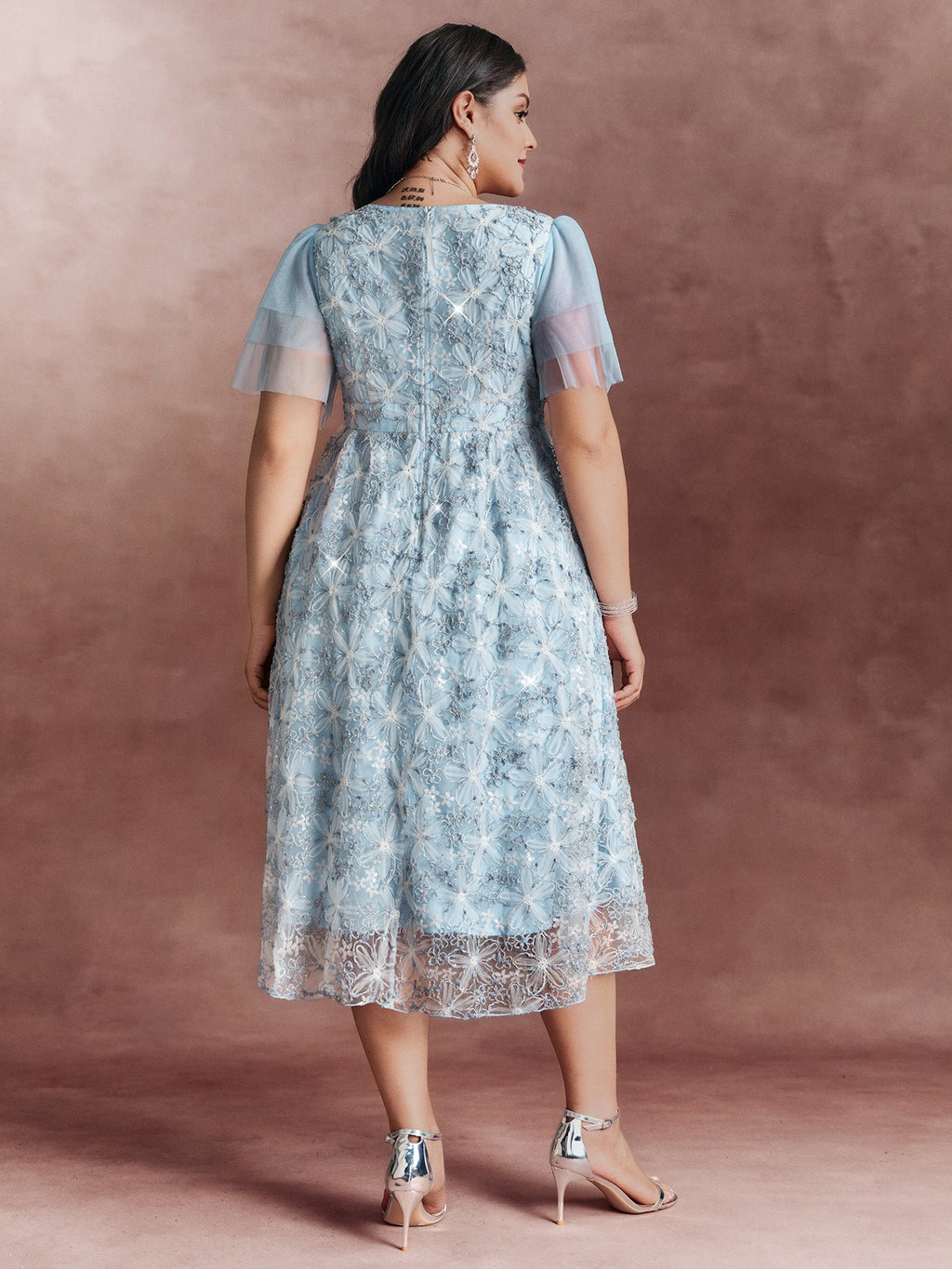 Floral Mesh Embroidered Lotus Leaf Sleeve Midi Dress