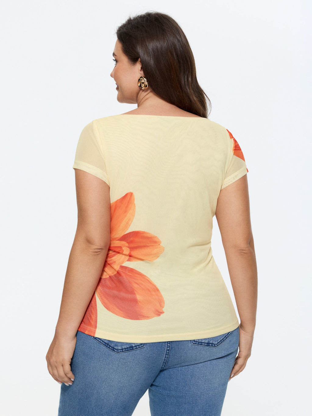 Floral Print Boat Neckline Fitted T-Shirt