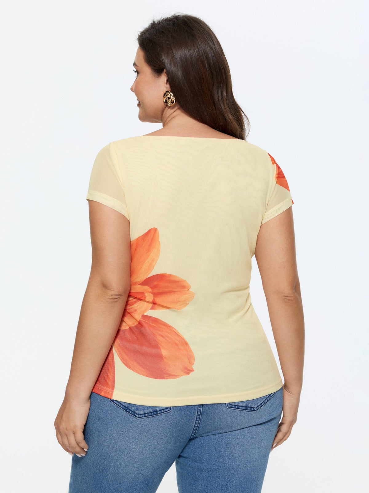 Floral Print Boat Neckline Fitted T-Shirt